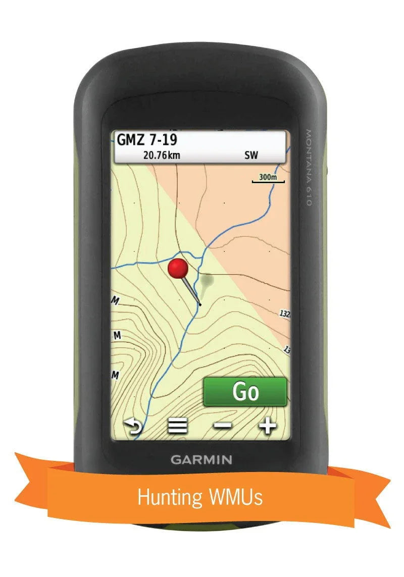 Garmin Montana 610 GPS displaying Yukon hunting WMU map with topographic lines and waypoint