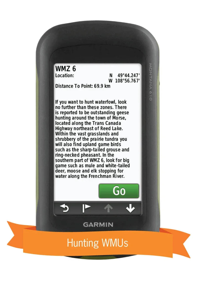 Garmin Montana GPS display showing Yukon WMZ 6 hunting map information and coordinates, labeled 'Hunting WMUs'.