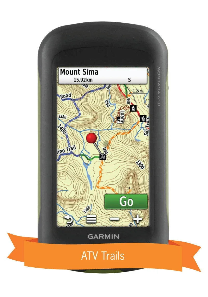 Garmin GPS displaying Yukon ATV trails map with Mount Sima route and navigation button