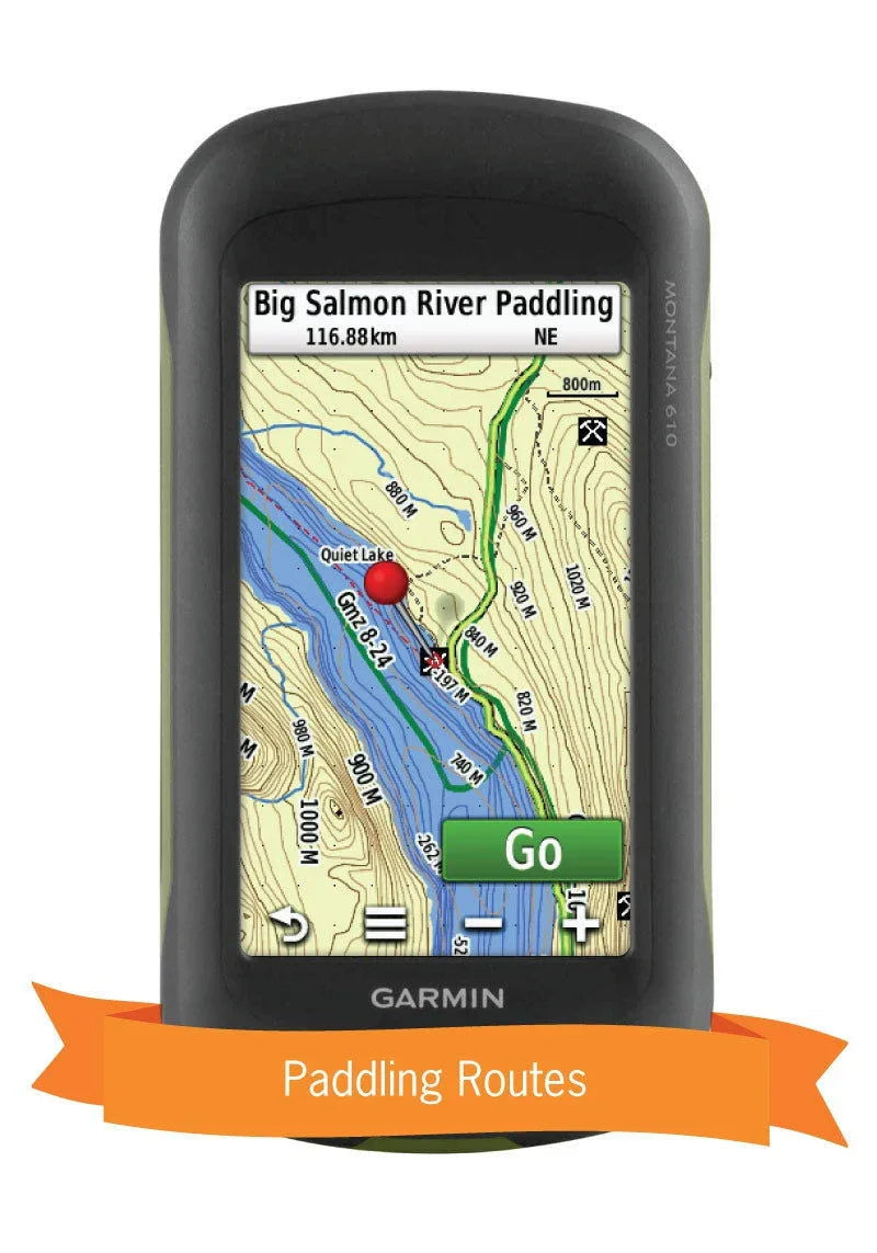 Garmin GPS displaying Yukon Big Salmon River paddling route map with terrain and lakes.