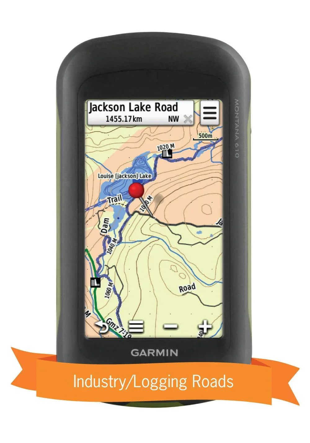 Garmin handheld GPS showing Jackson Lake Road map with altitude lines and industry roads.