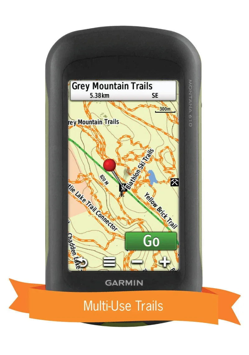 Garmin GPS displaying Yukon Grey Mountain Trails map with multi-use trails banner