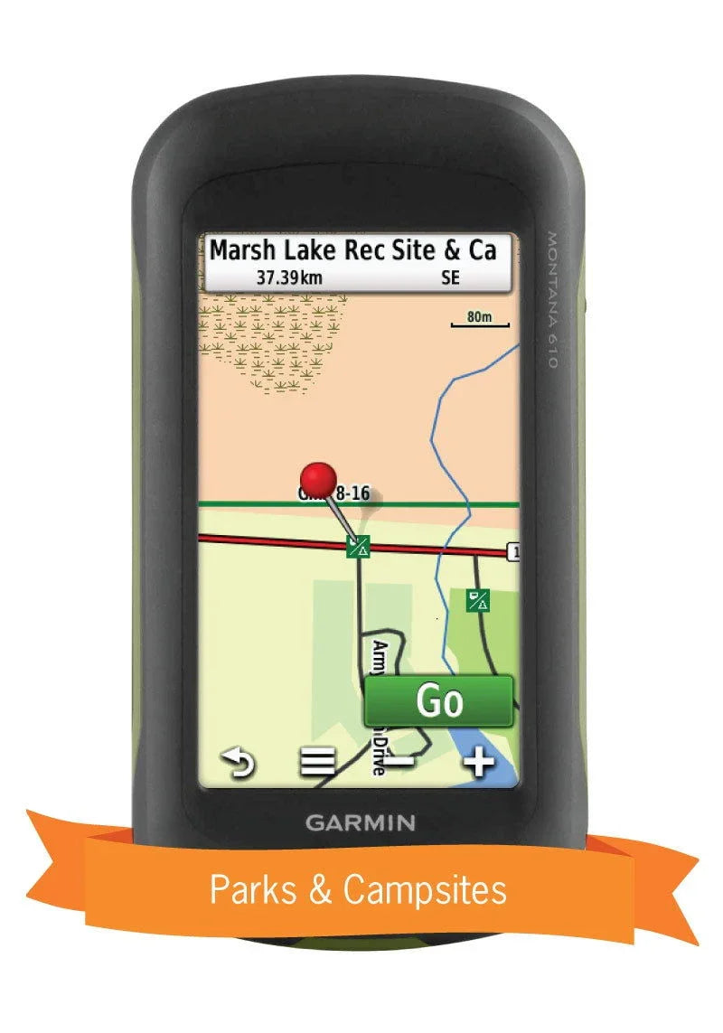 Garmin Montana 610 GPS displaying Marsh Lake Rec Site map, parks and campsites navigation