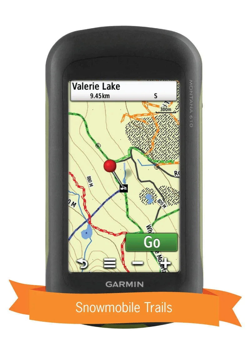 Garmin GPS device displaying Yukon snowmobile trails map with Valerie Lake route
