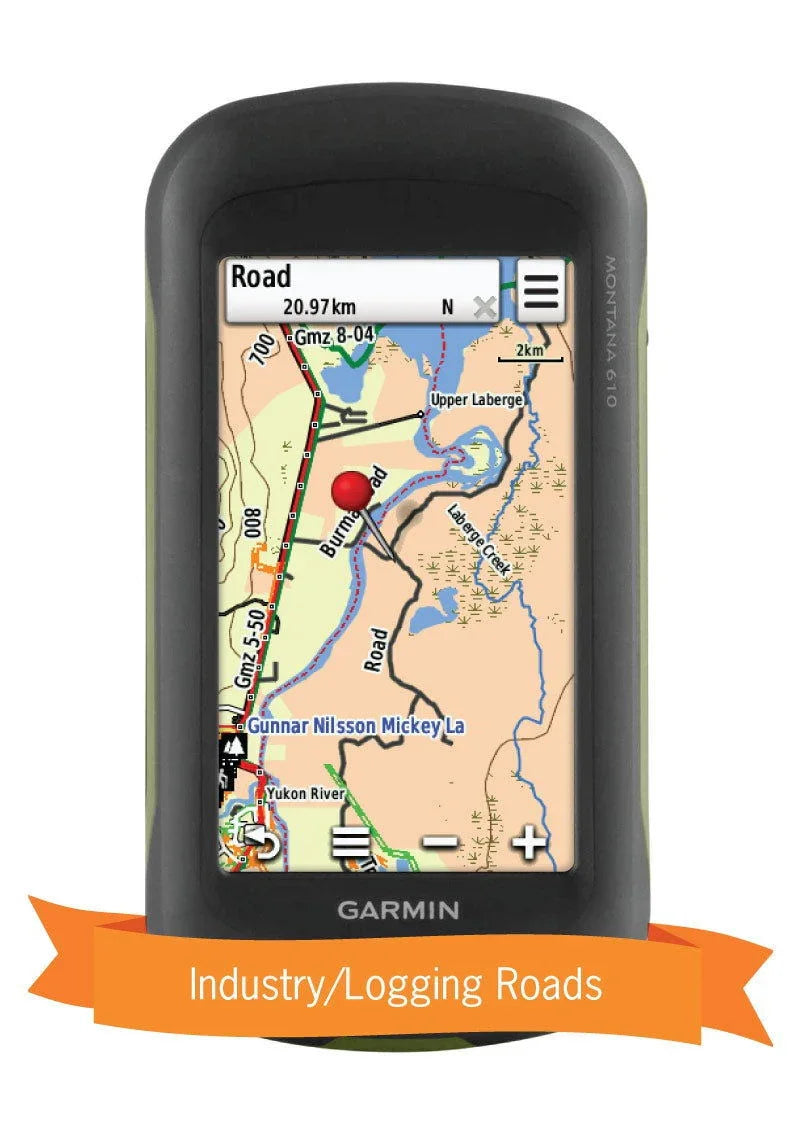 Garmin GPS displaying Yukon backroad maps with industry and logging roads highlighted.