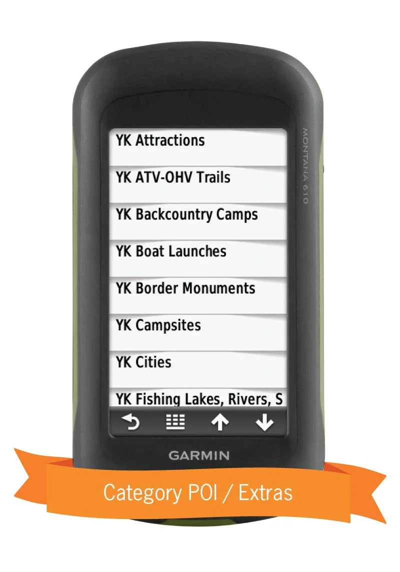 Garmin Montana 610 GPS showing Yukon map categories like attractions, trails, campsites