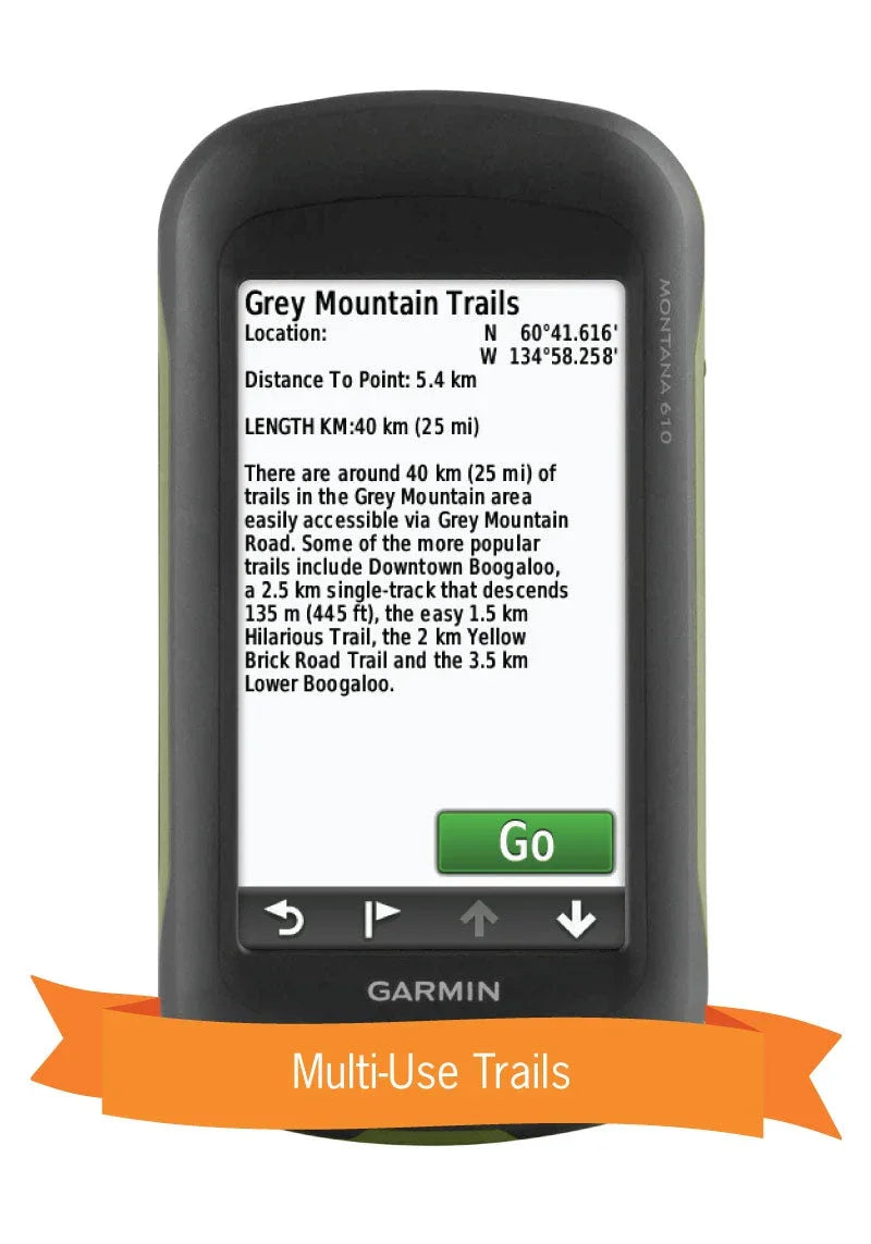 Garmin GPS displaying Grey Mountain Trails info with orange banner reading Multi-Use Trails