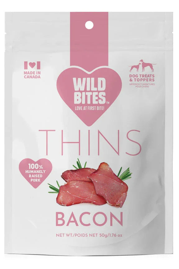 Wild Bites Thins Bacon dog treats, made in Canada with 100% humanely raised pork, 50g pouch