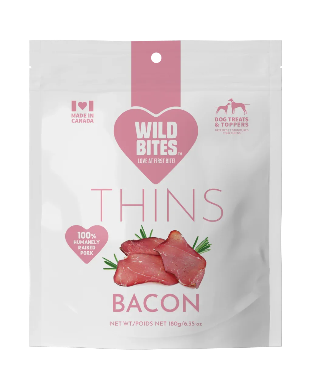 Wild Bites Bacon Thins dog treats 180g bag, made in Canada, 100% humanely raised pork