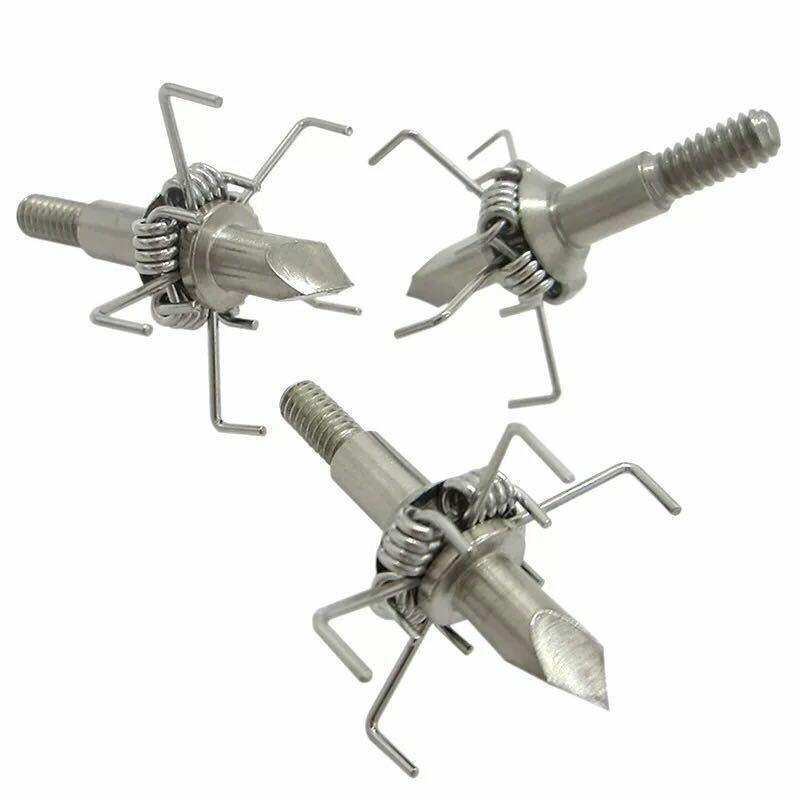 Three stainless steel archery small game hunting points with wire prongs and screw tips