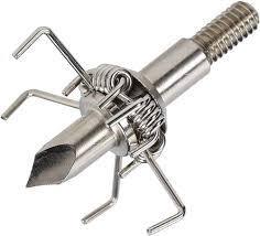 Stainless steel archery small game broadhead with pointy tip and spring arms