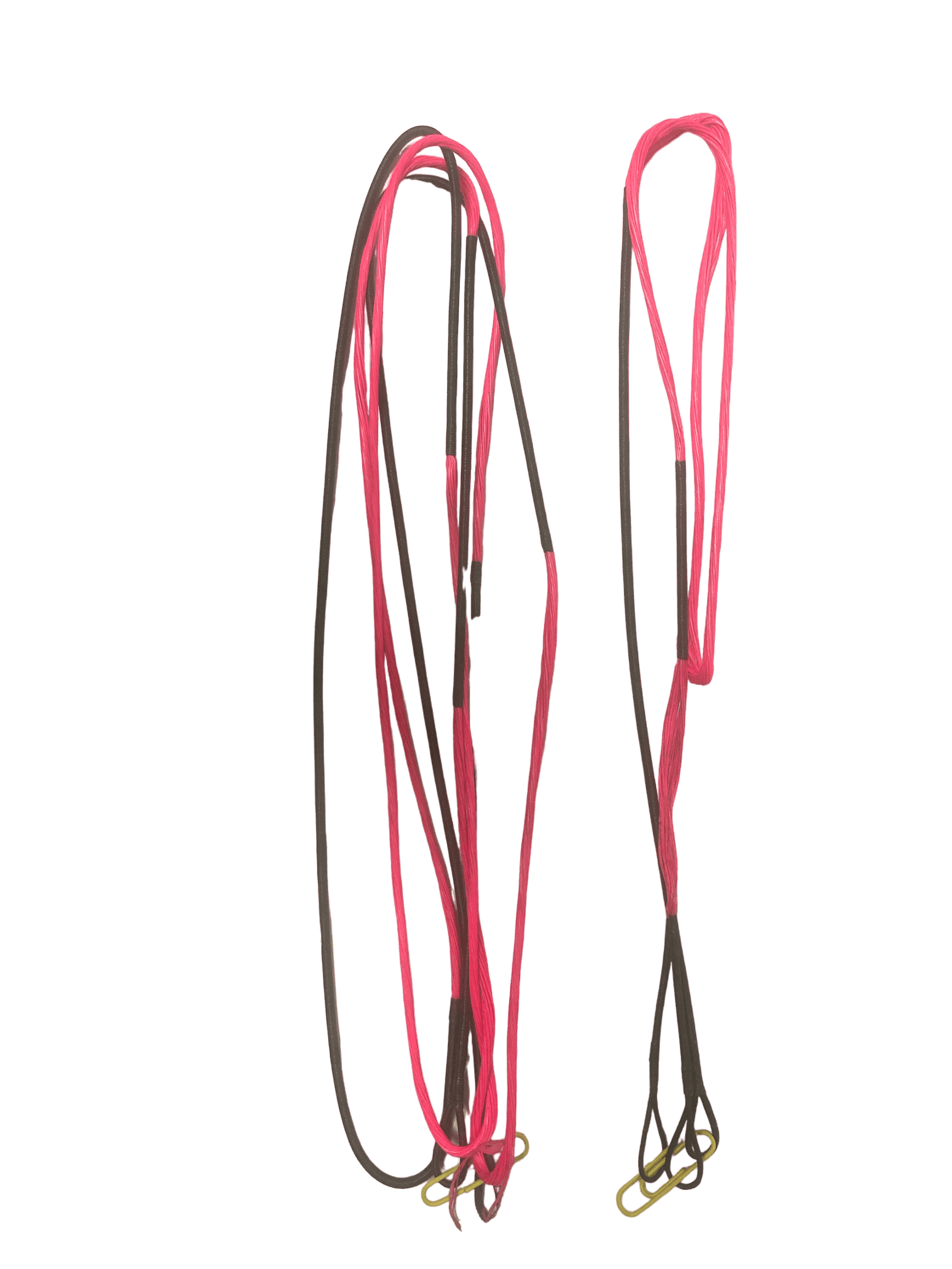 Custom pink and black bowstrings and cables for Genesis compound bow on black background