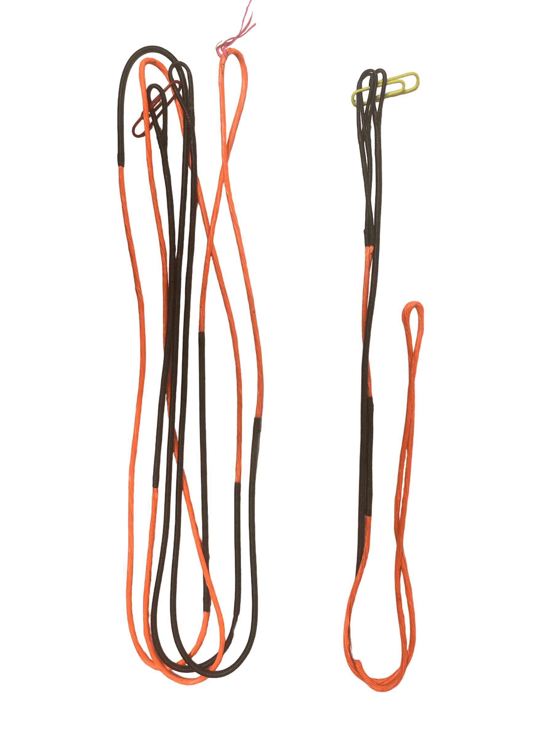 Orange and black custom bowstrings and cable set for Genesis compound bow on white background