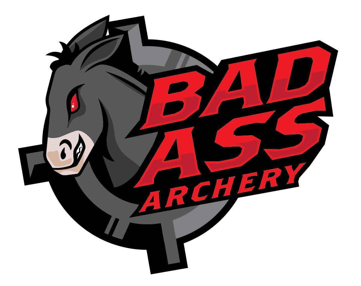 Badass Archery logo with fierce donkey head and bold red text, archery theme