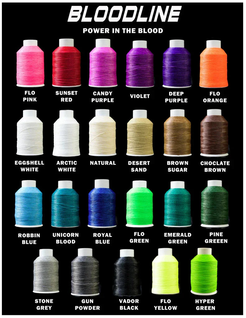 Bloodline thread color chart featuring 20 spools in vibrant colors on a black background.