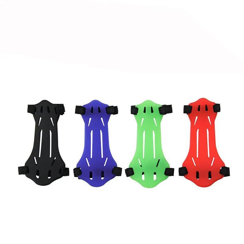 Set of four archery armguards in black, blue, green, and red with adjustable straps