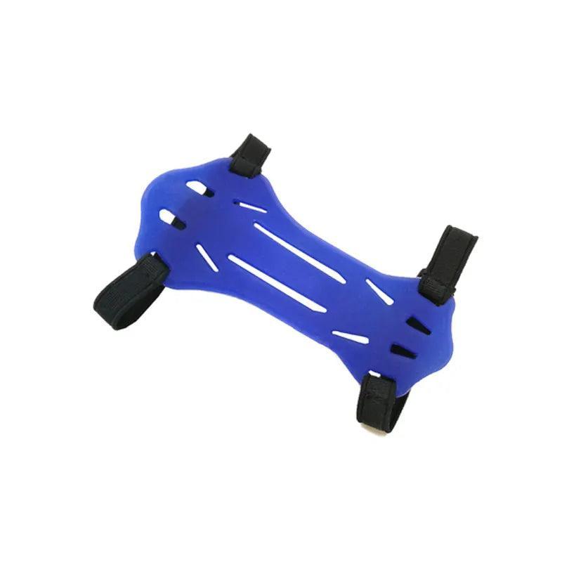 Blue archery armguard with black adjustable straps for forearm protection