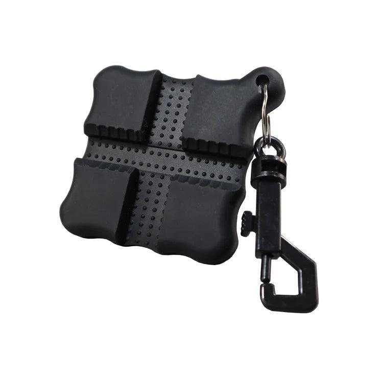 Black rubber archery arrow puller tool with grip texture and attached carabiner clip