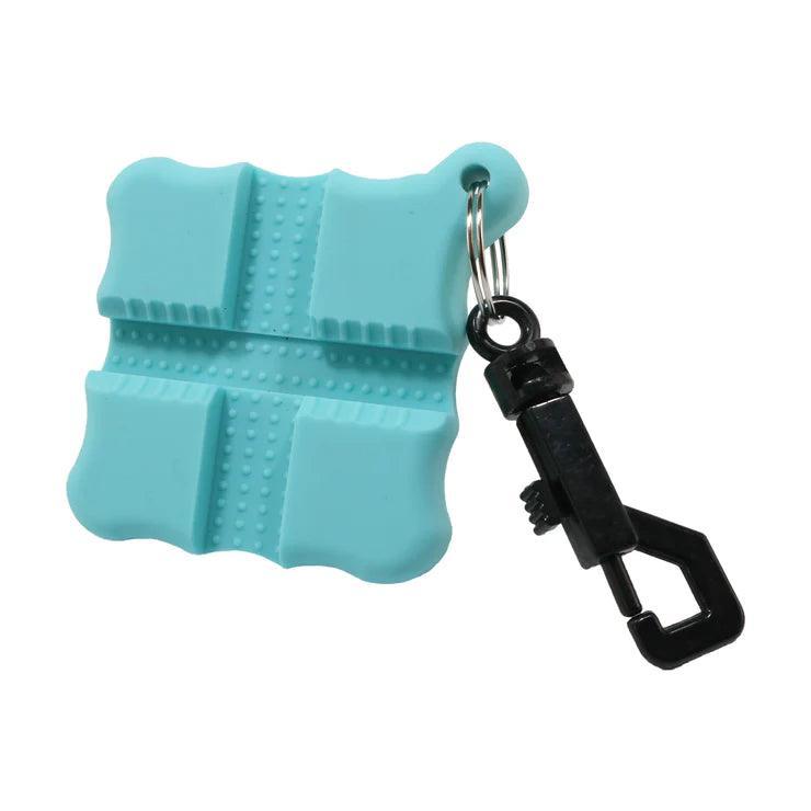 Aqua silicone archery arrow puller with textured grip and black carabiner clip