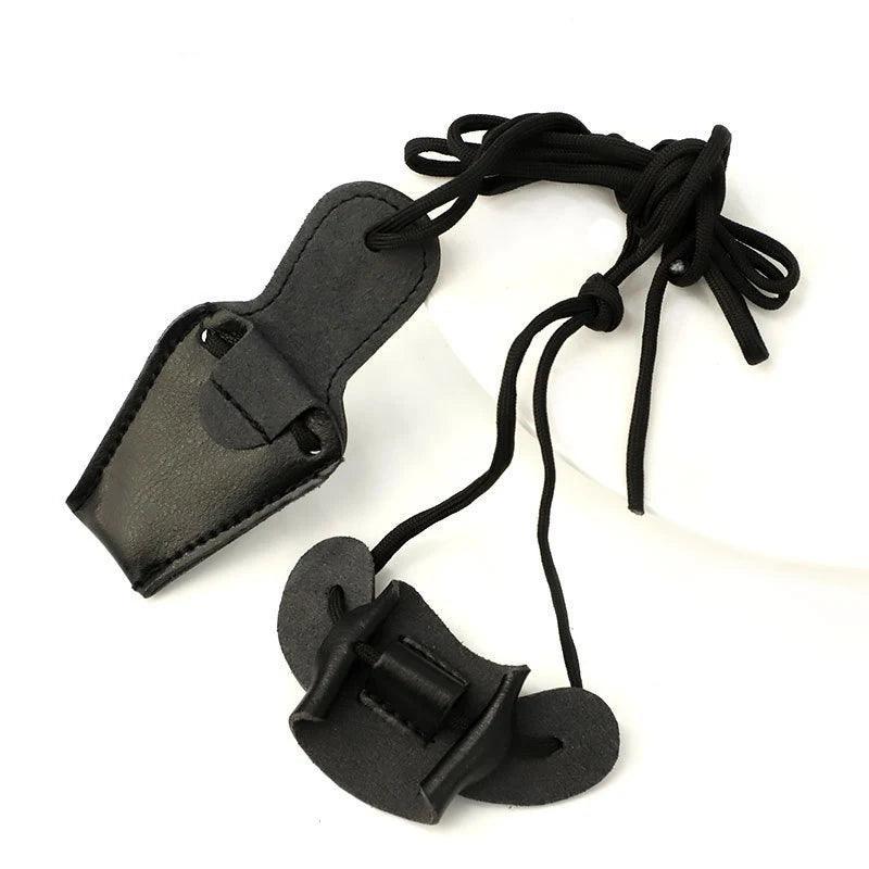 Black leather longbow recurve bow stringer with loops for archery equipment