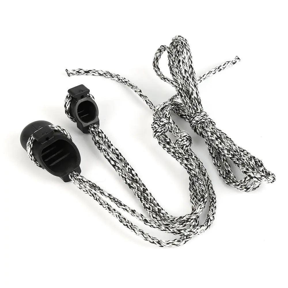 Black and white braided recurve bow stringer with plastic ends on white background