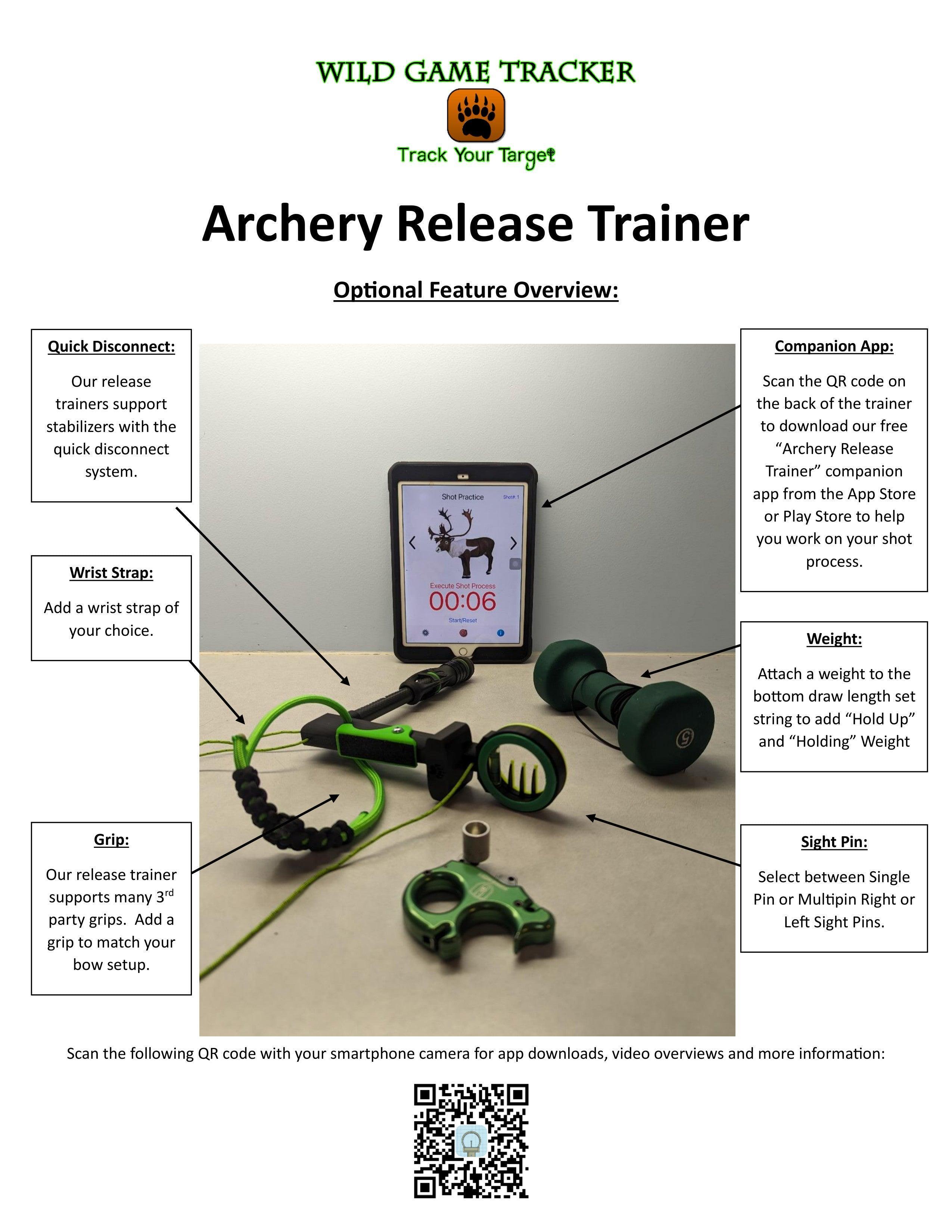 Archery Release Trainer by Wild Game Tracker with green accessories and phone shot timer display
