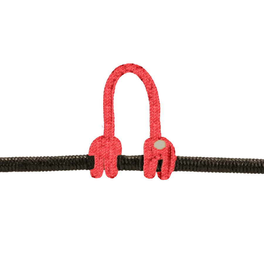 Red archery string loop attached to black bowstring, outdoor sports accessory close-up