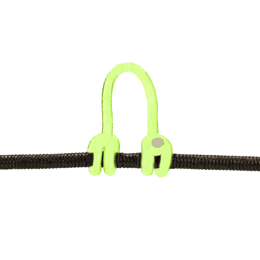 Neon green archery string loop on black bowstring, archery accessory close-up