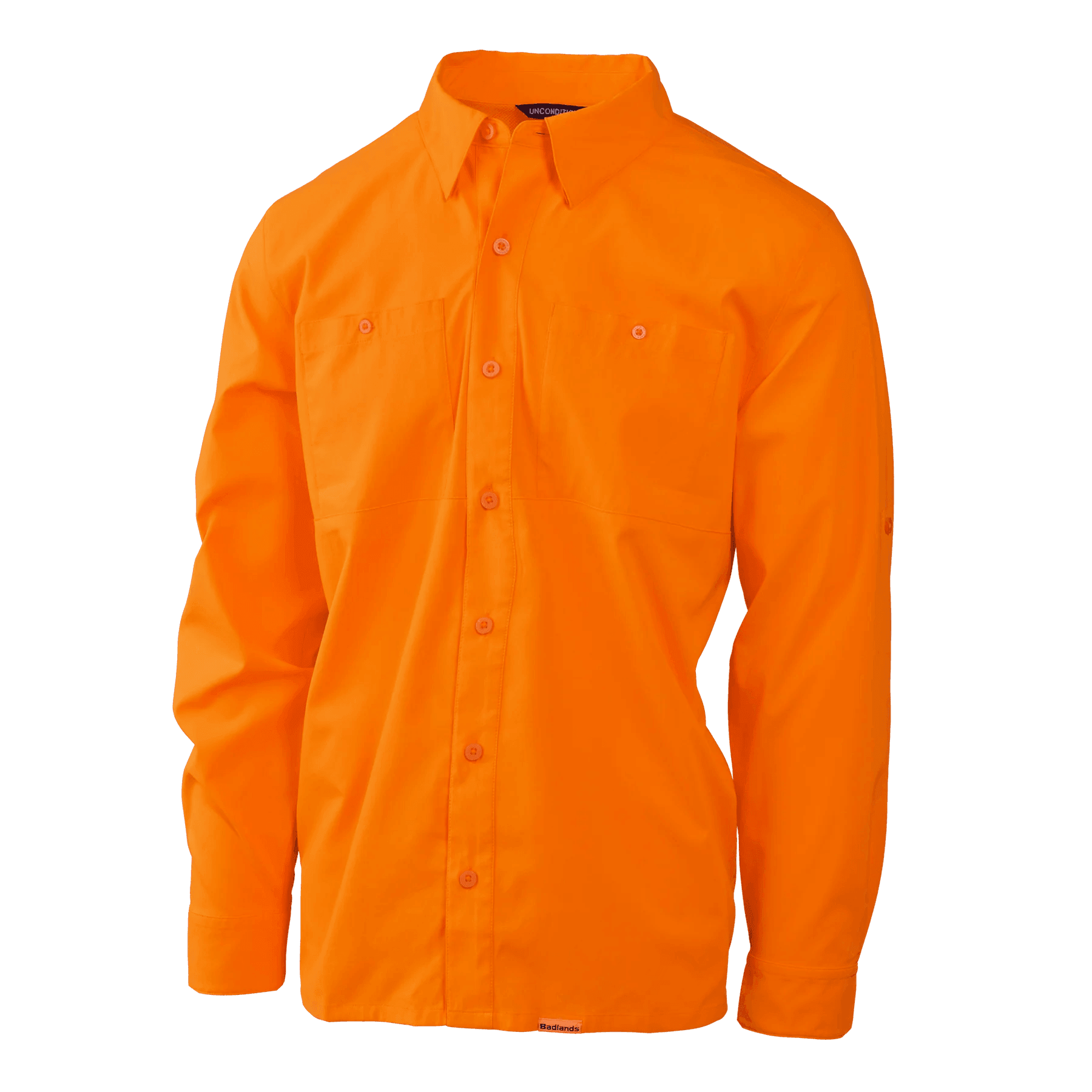Bright orange Badlands Algus button down outdoor shirt with long sleeves