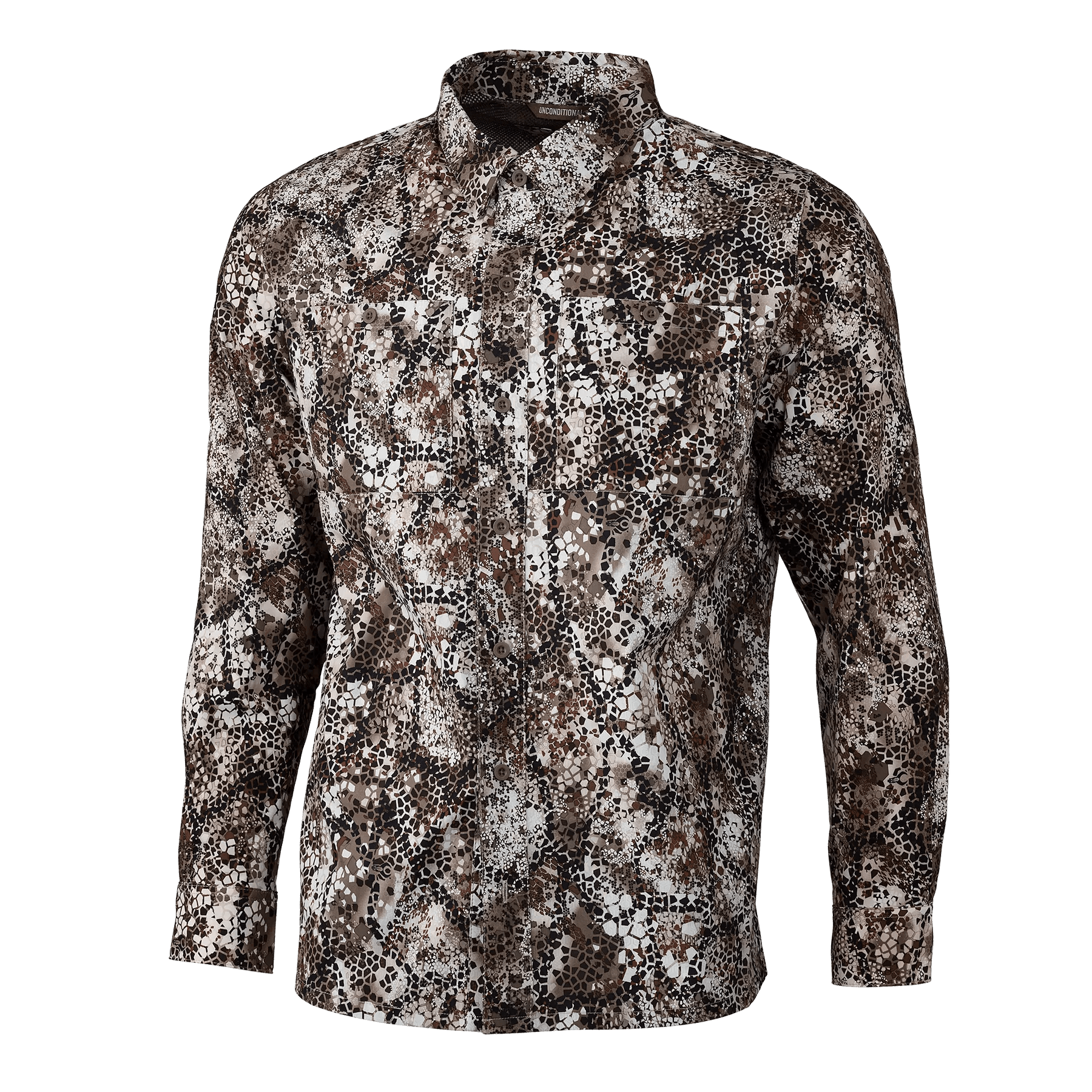 Badlands Algus button down shirt with brown camo pattern on blue background