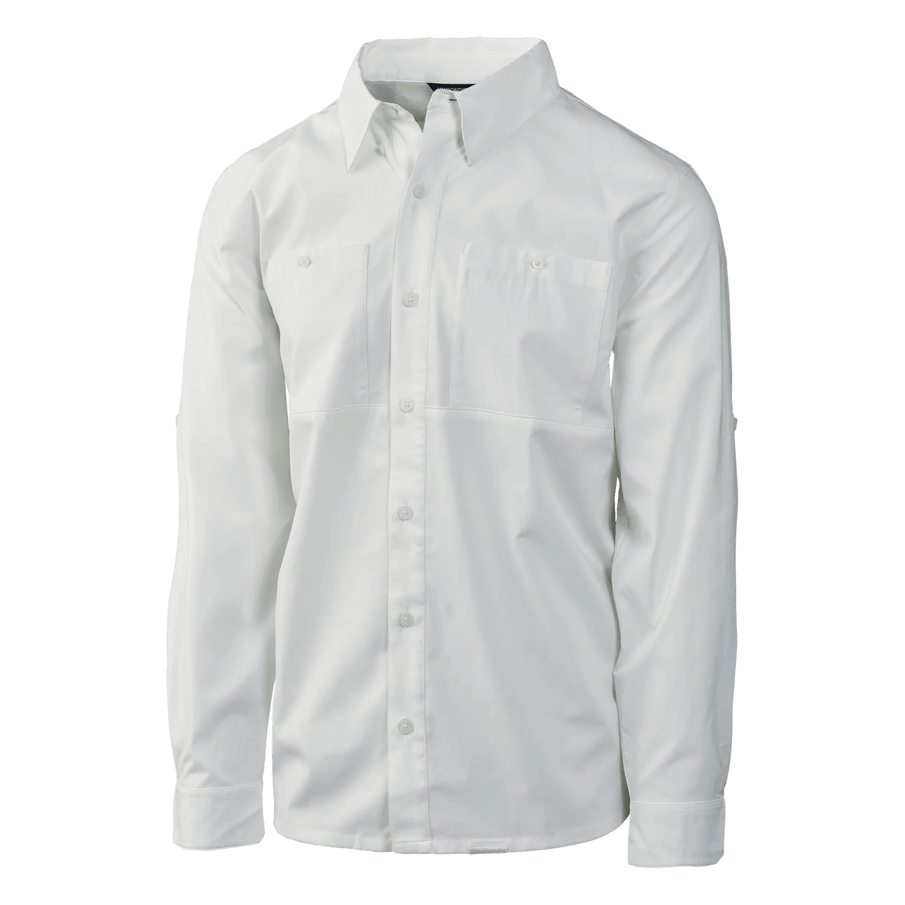 White long sleeve button-down outdoor shirt with chest pockets on plain background