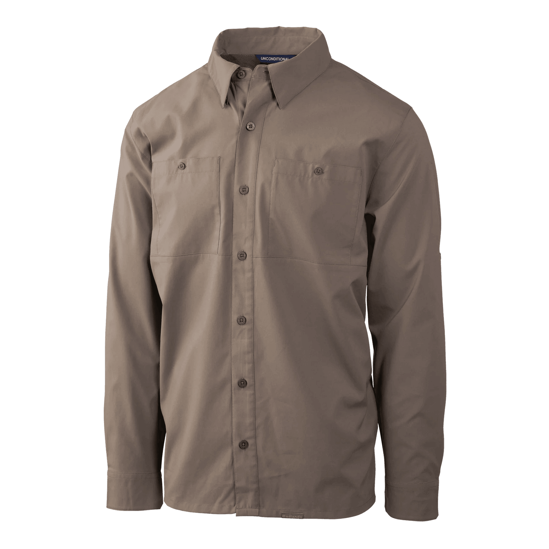 Badlands Algus brown button-down shirt with collar and chest pockets, outdoor apparel