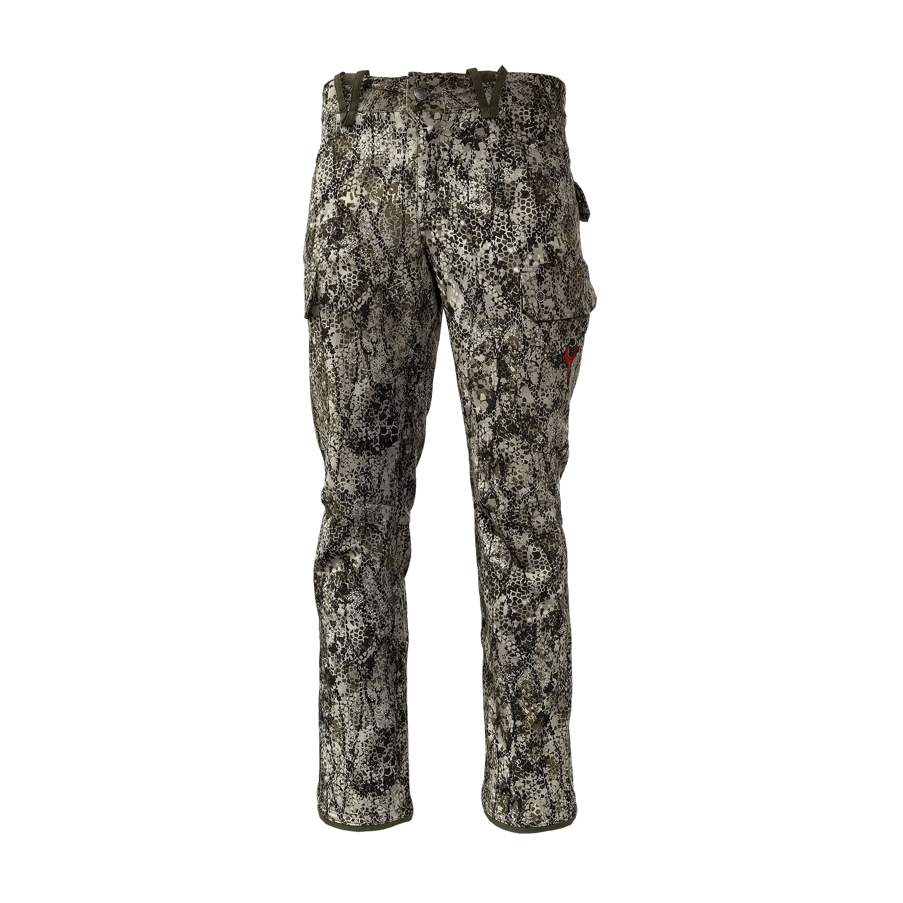 Men's camouflage hunting pants with cargo pockets and belt loops, front view