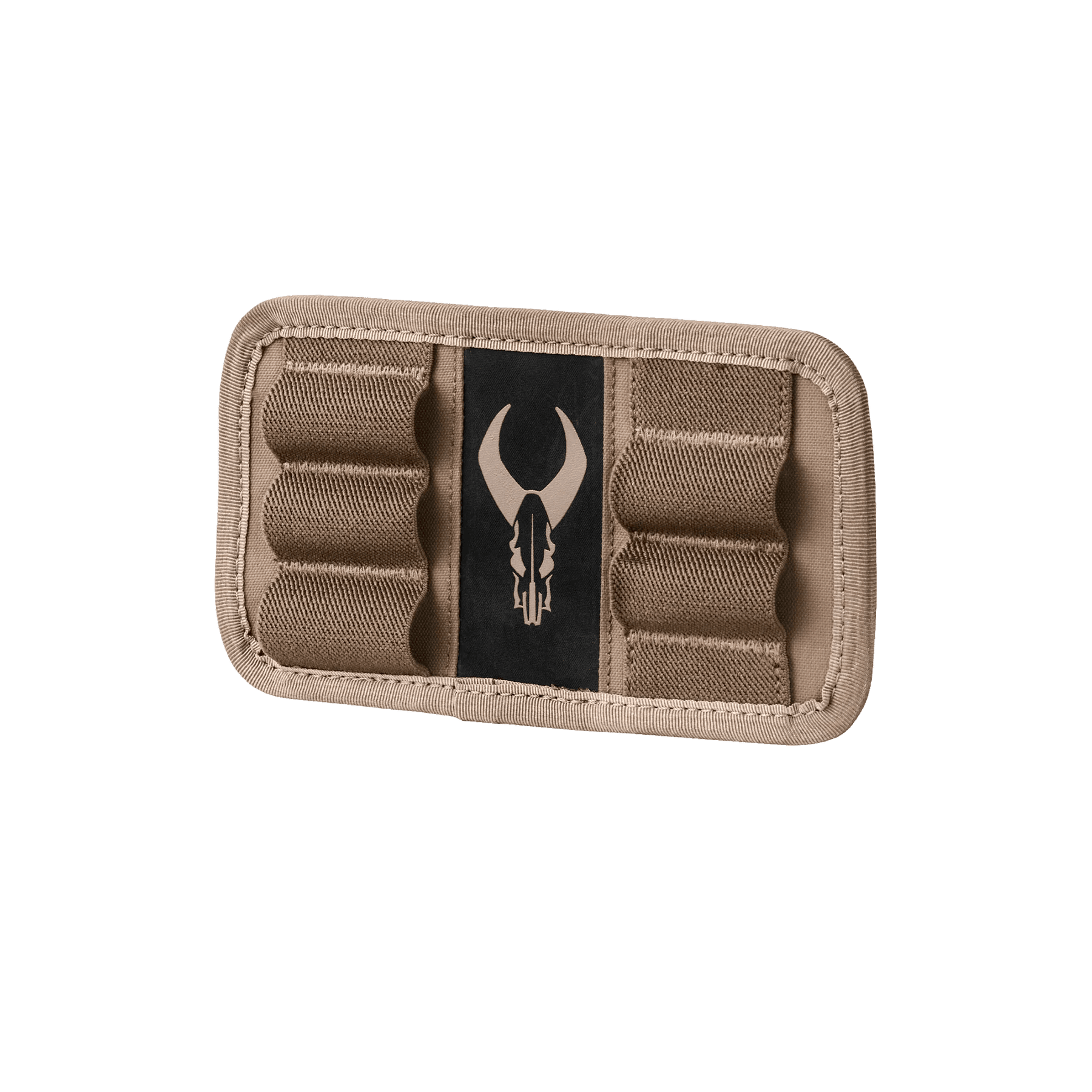 Tan Badlands ammo sleeve with cartridge loops and skull logo on blue background