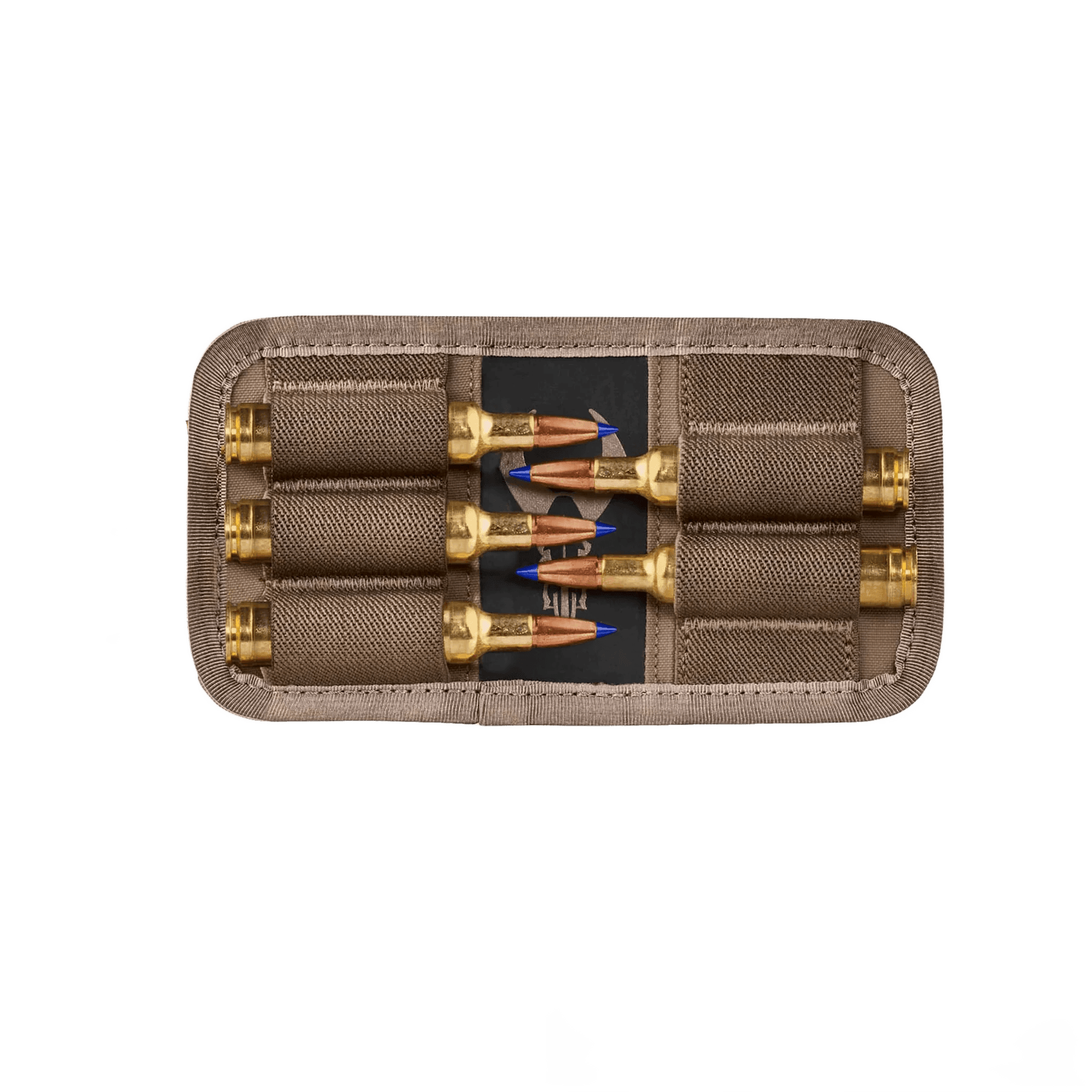 Tan rifle ammo sleeve holding six brass cartridges with blue tips, isolated on blue background