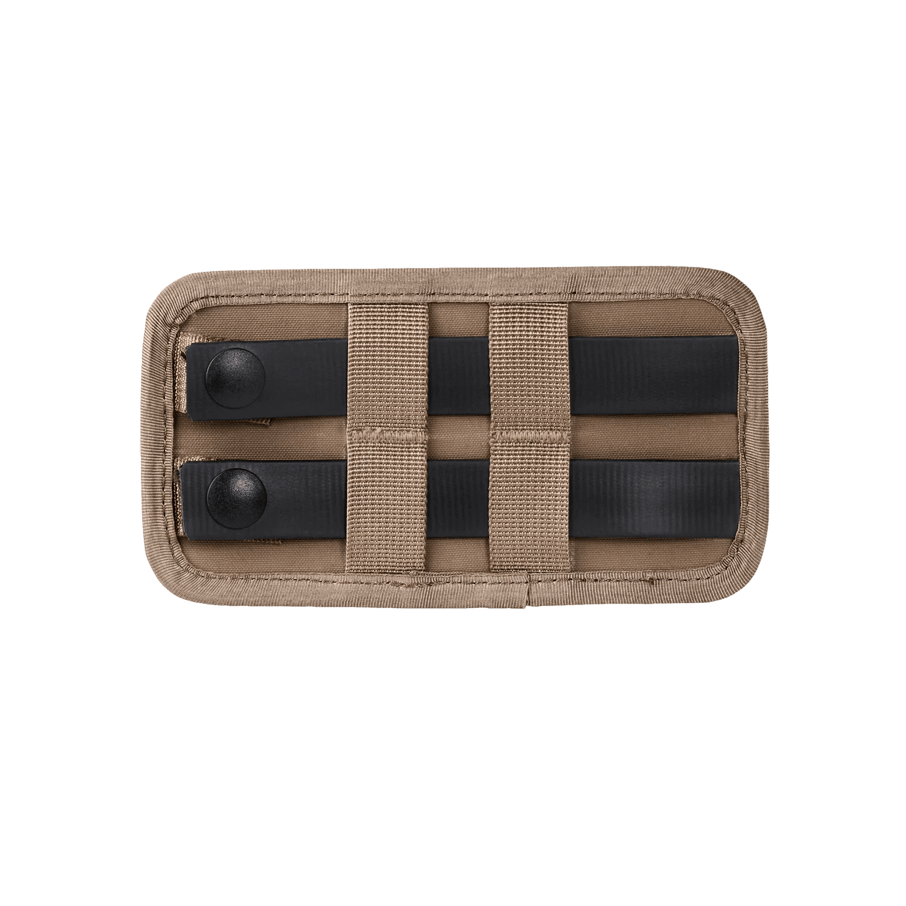 Tan tactical ammo sleeve with black straps and snap buttons on blue background