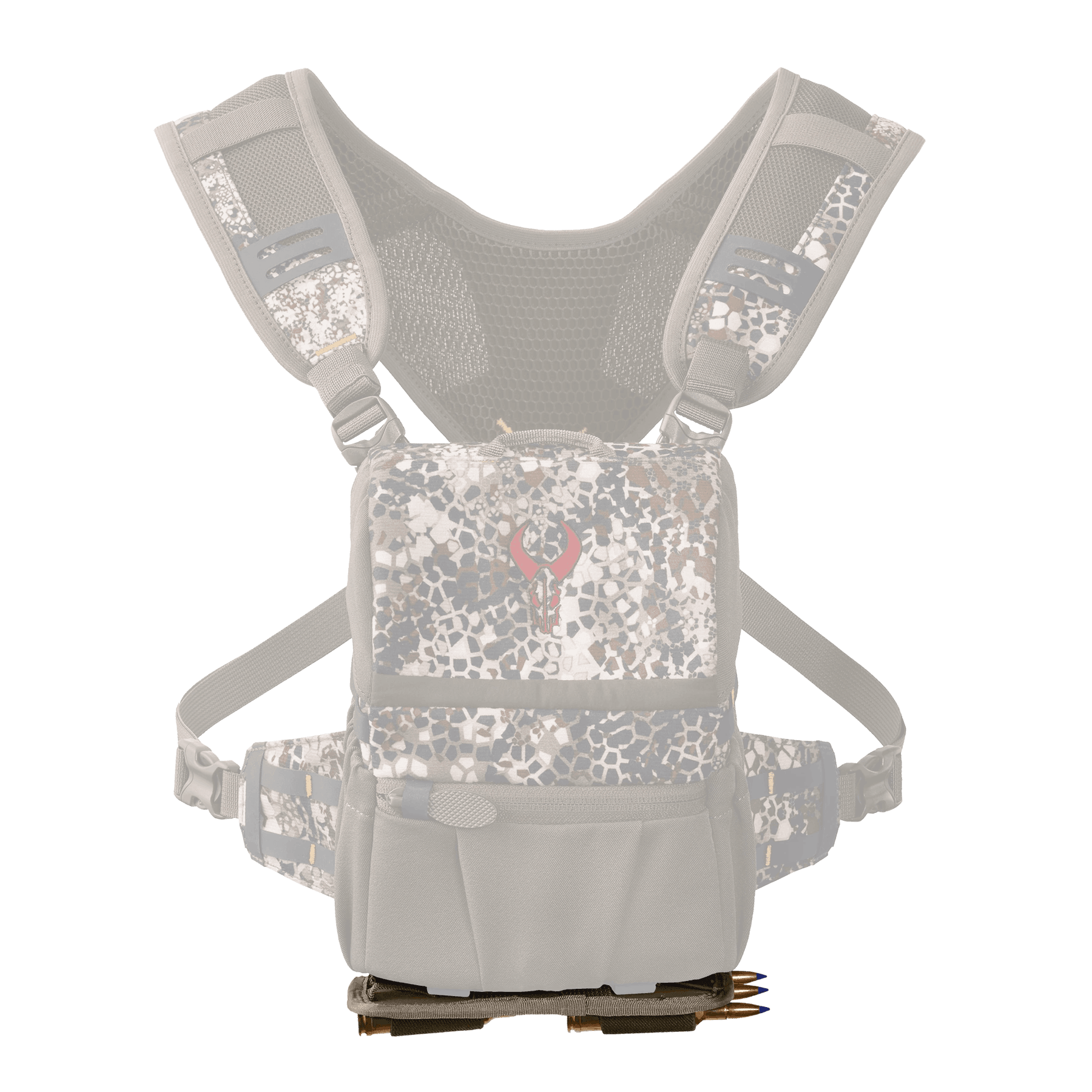 Badlands camo ammo sleeve chest pack with brown straps and mesh backing