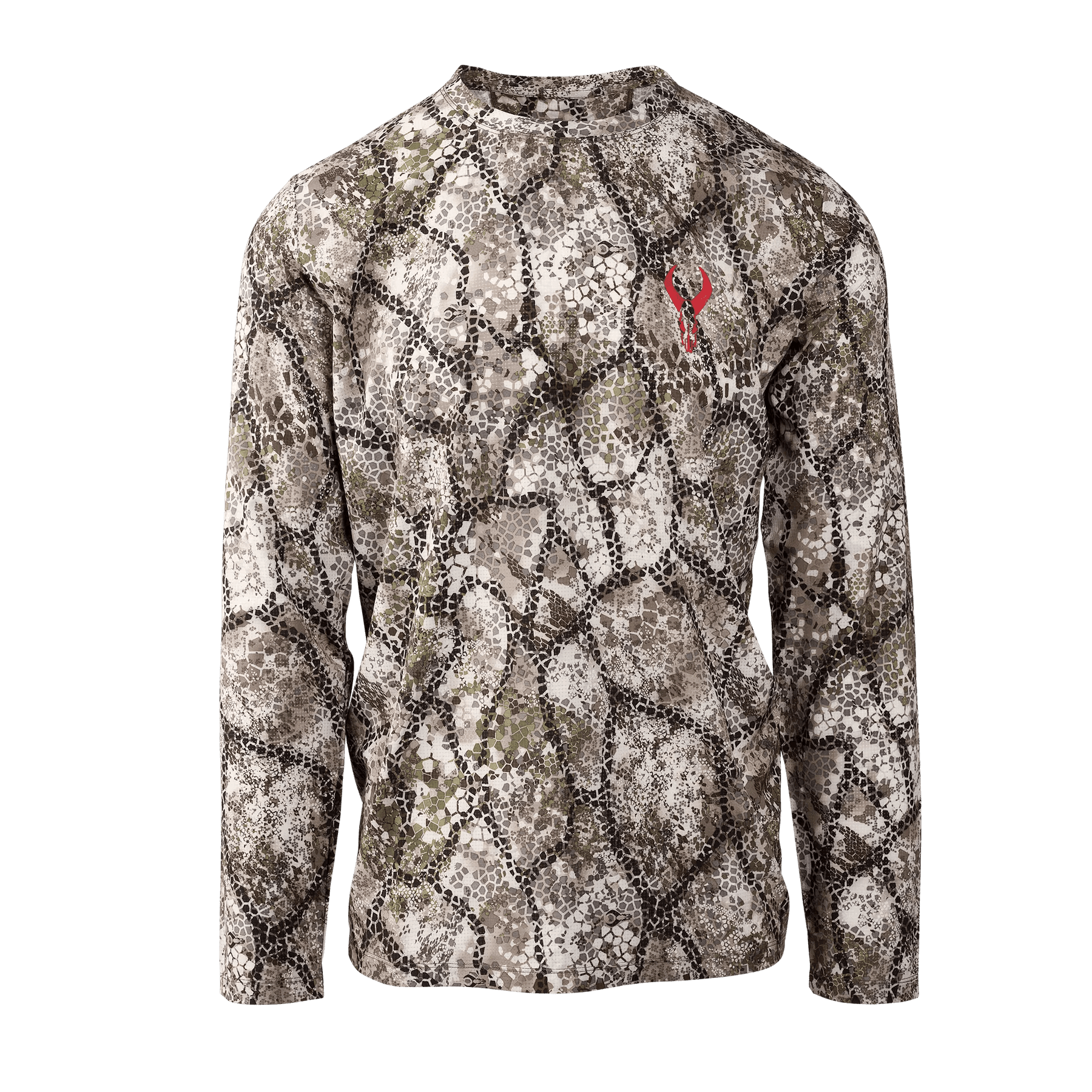 Badlands Andaire camo long sleeve shirt with red logo on chest, outdoor sports apparel