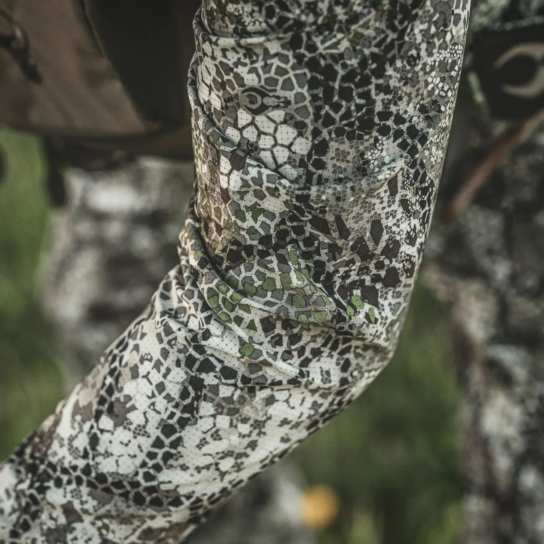 Close-up of Badlands Andaire long sleeve shirt with camouflage pattern for outdoor sports