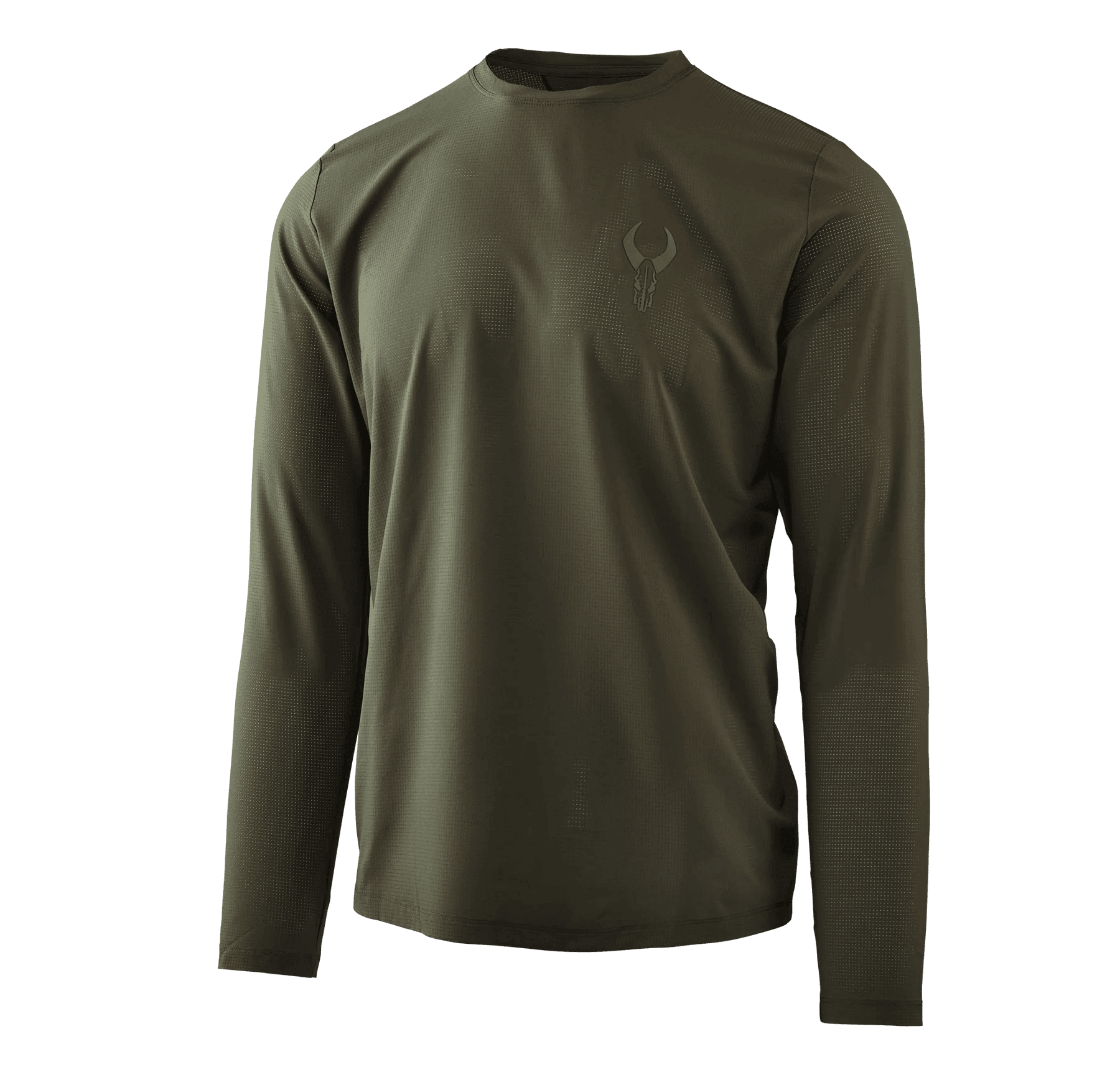 Olive green Badlands long sleeve performance shirt with logo on chest, outdoor apparel