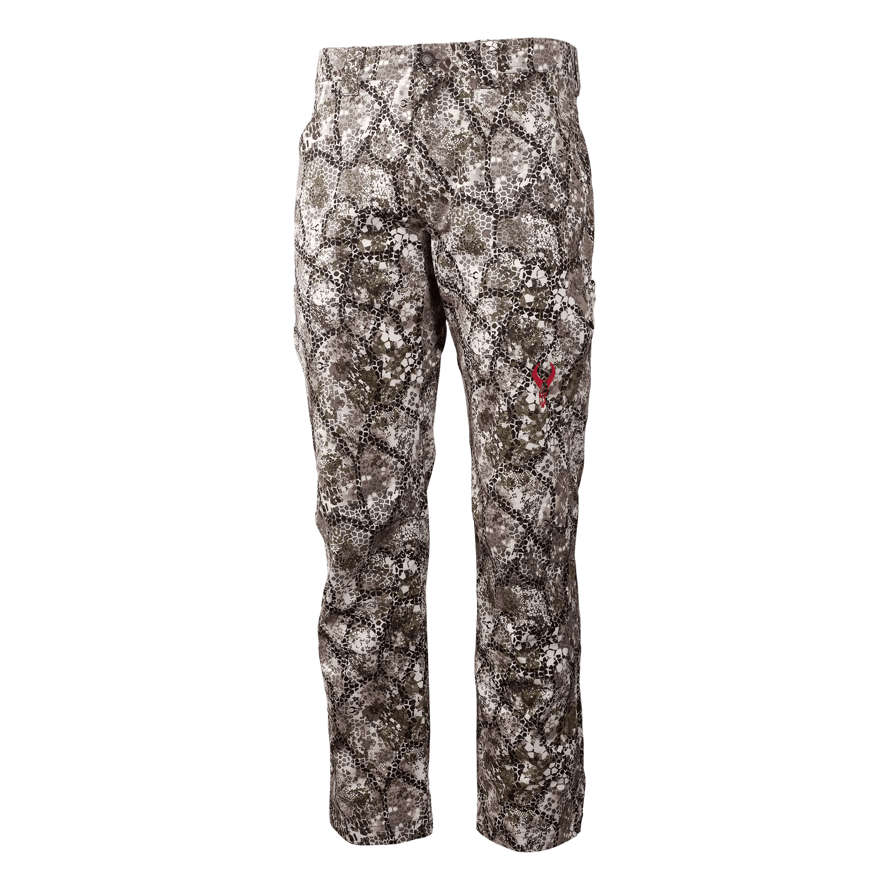 Badlands Andaire camouflage hunting pants with outdoor camo pattern on blue background