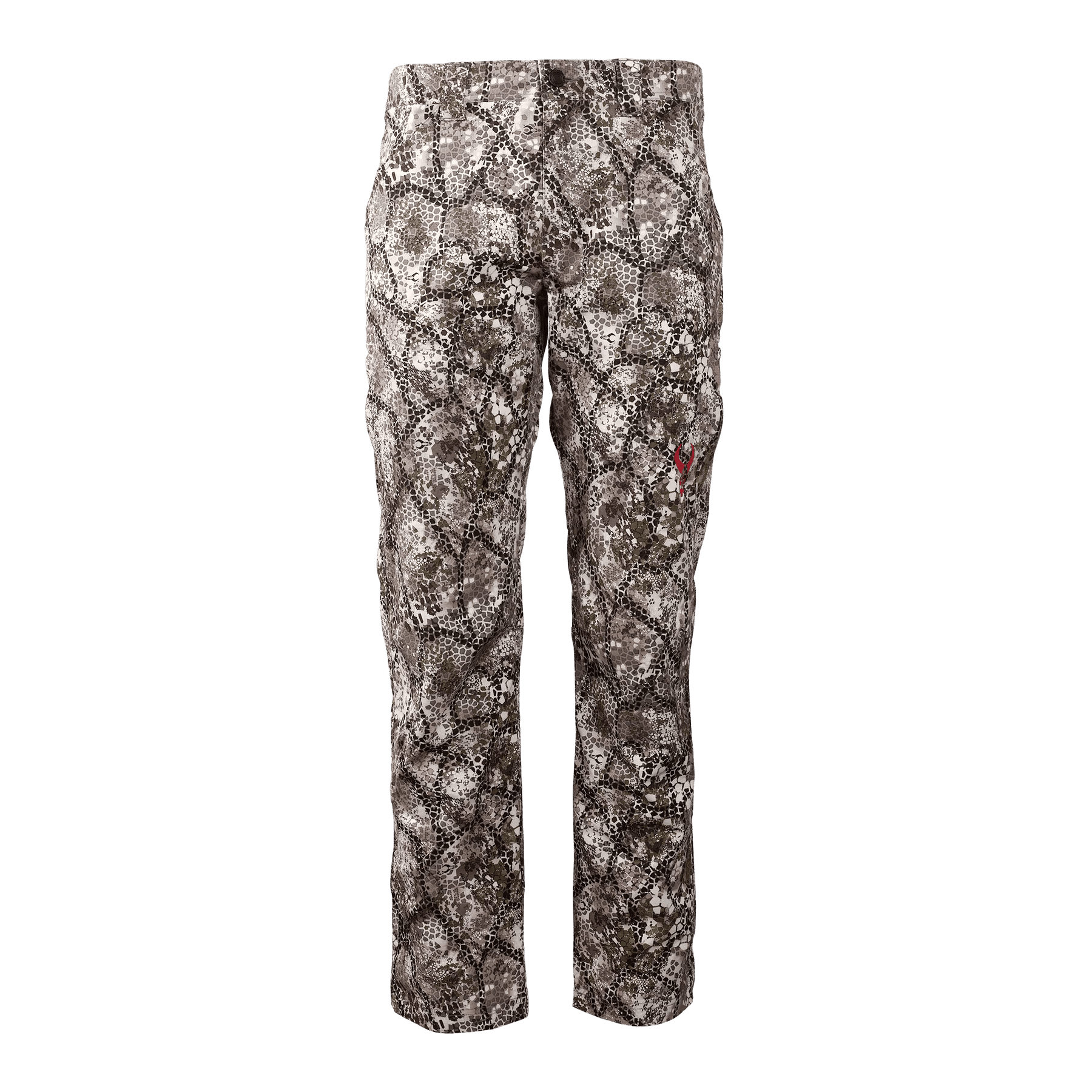 Badlands Andaire camouflage hunting pants with multi-tone pattern on plain background