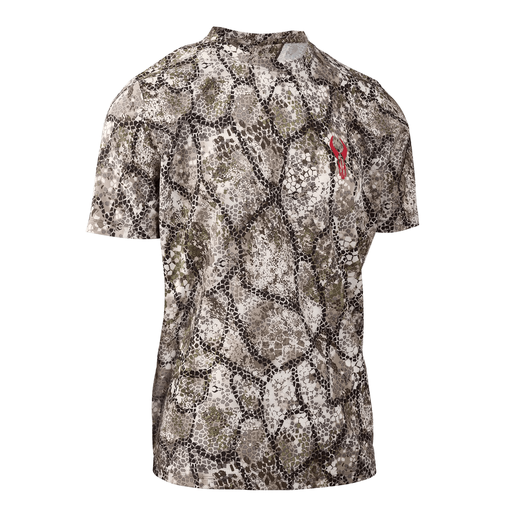 Badlands Andaire camo short sleeve shirt with red logo on chest, outdoor apparel