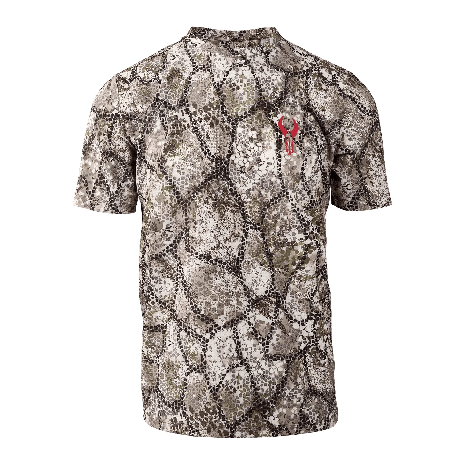 Badlands Andaire short sleeve camo shirt with red logo on back, outdoor sports apparel