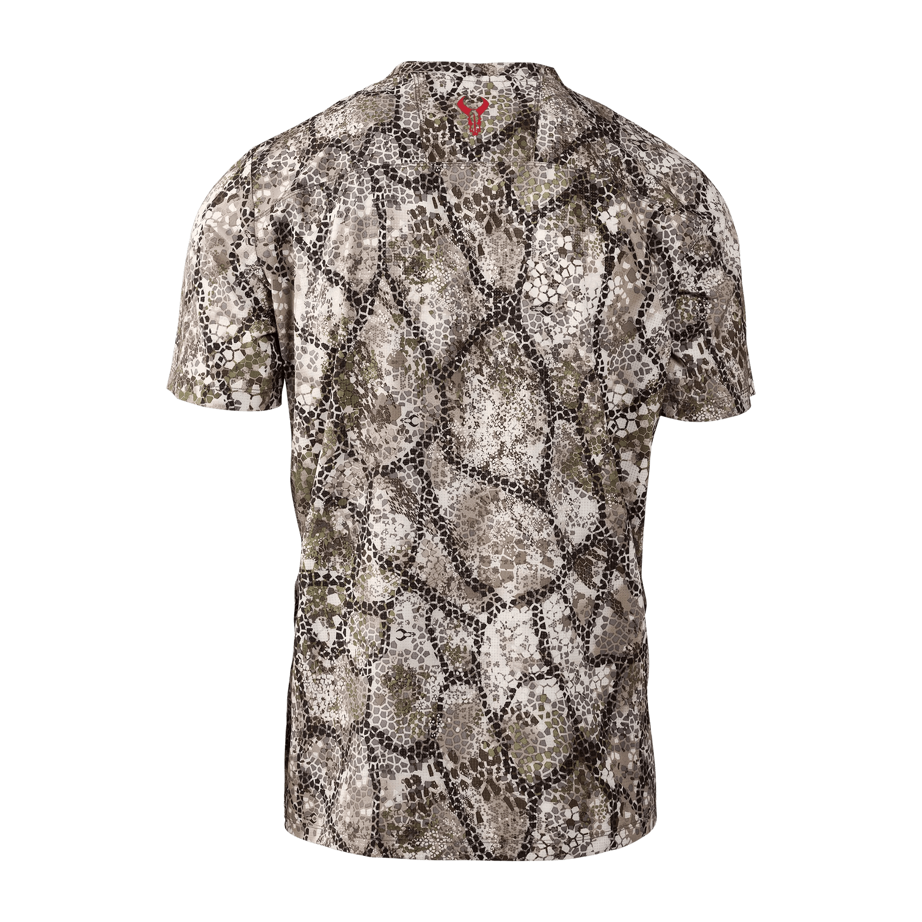 Back view of a short sleeve camo shirt with digital Badlands logo, outdoor apparel