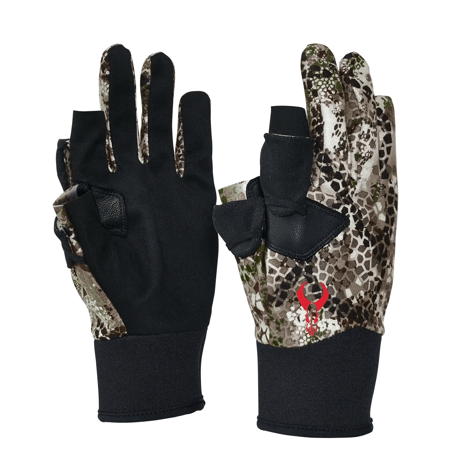 Camouflage hunting gloves with ergonomic black palms and red logo on the wrist area