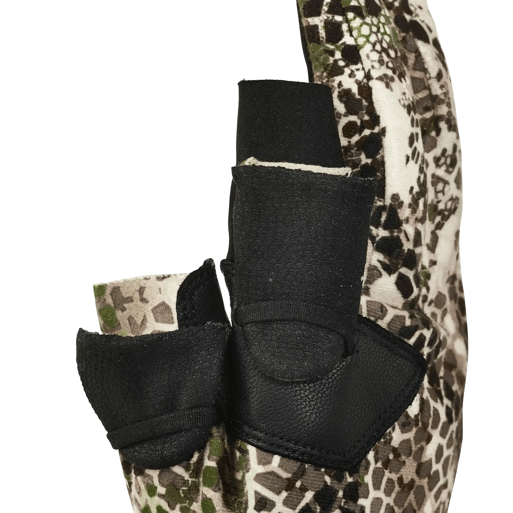 Camo hunting glove with black reinforced finger covers and textured grip