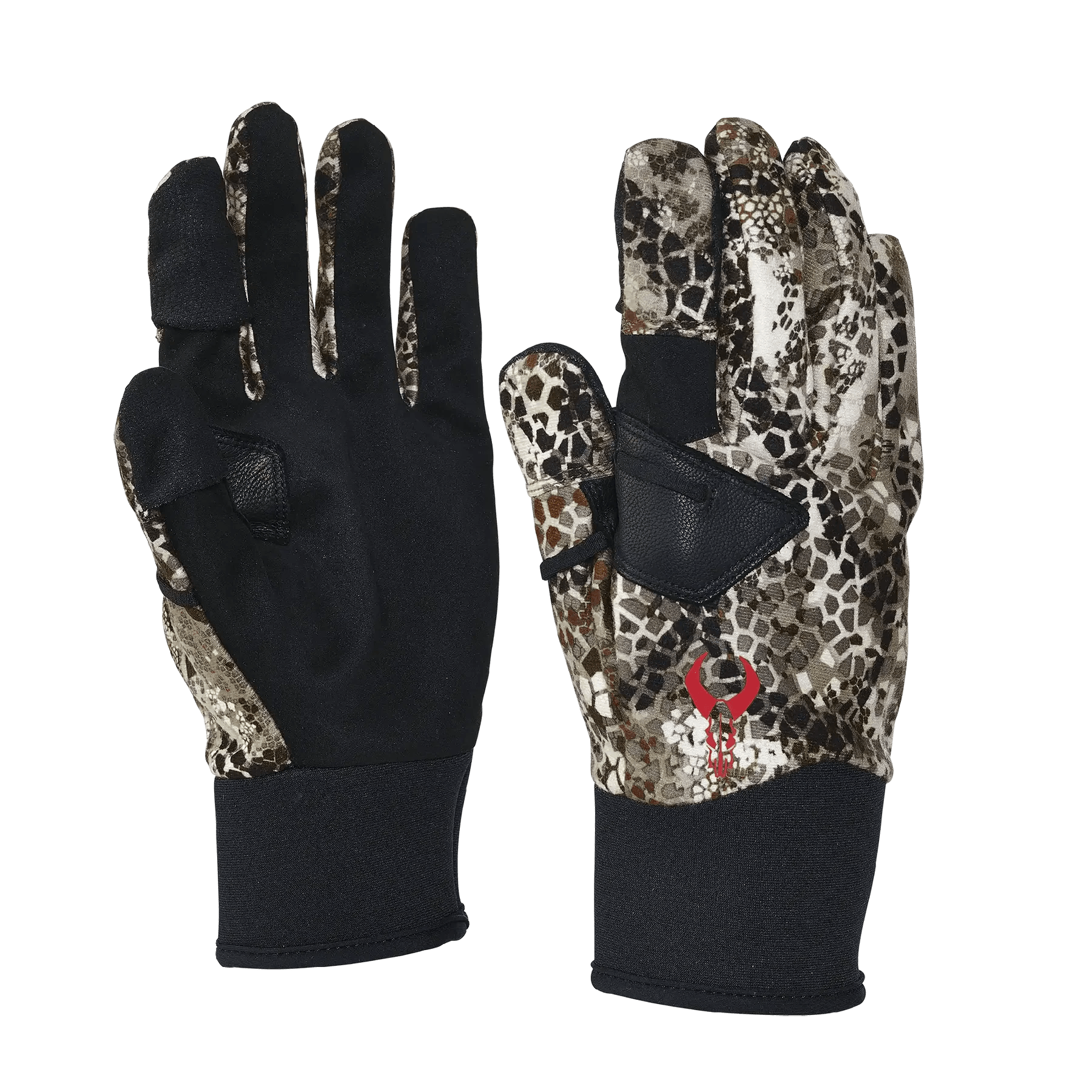 Camo pattern tactical gloves with black palms and red logo, isolated on blue background