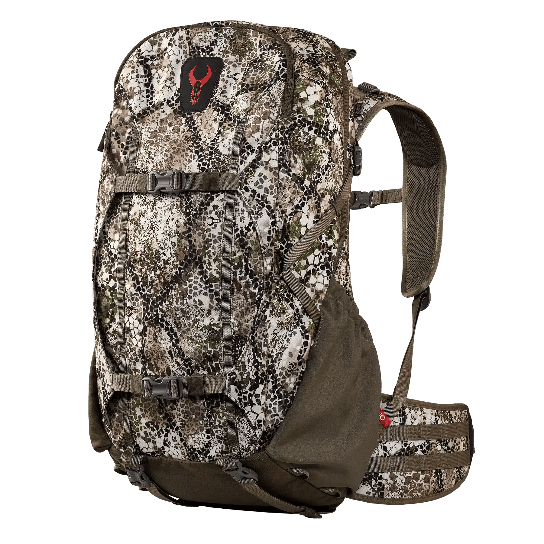 Badlands ATX-25 camo frame backpack with padded straps and logo on front