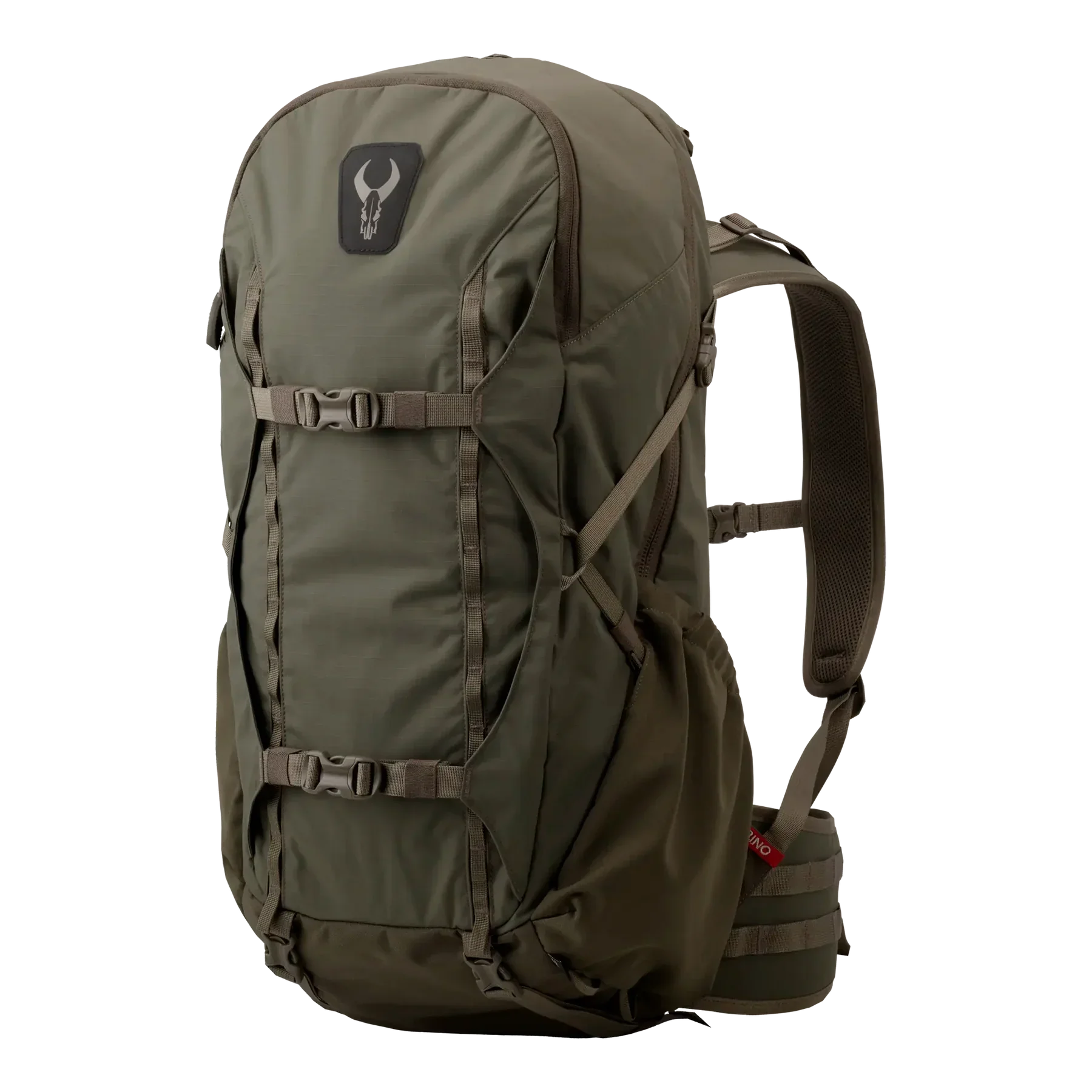 Olive green hiking backpack with black bull skull logo and multiple adjustable straps